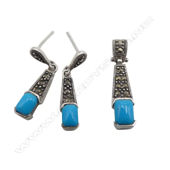 PR STG SILVER TURQUOISE EARRINGS & MATCHING PENDANT L.25MM