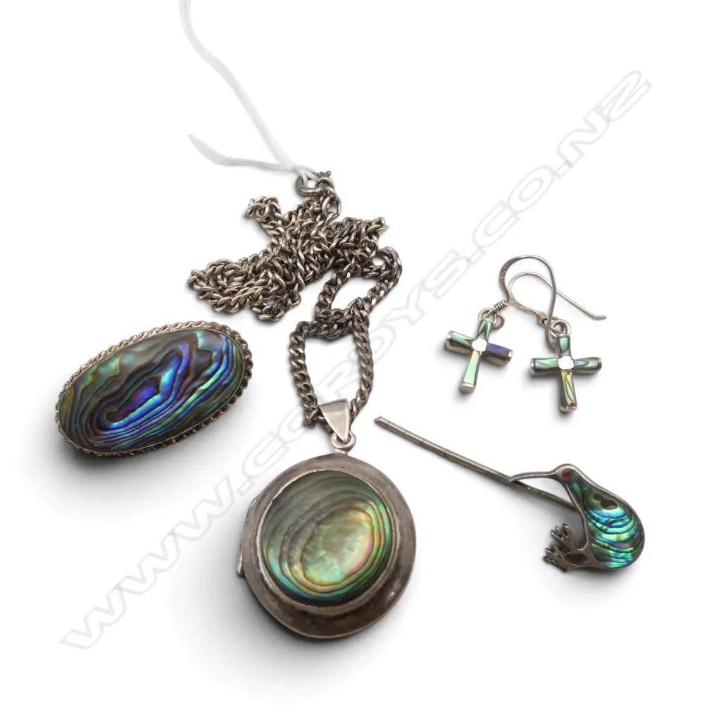 NZ S/SILVER & PAUA LOCKET ON S/SILVER CHAIN BROOCH CRUCIFIX EARINGS & KIWI PIN TOTAL WIEGHT 24.8GMS Image 1++