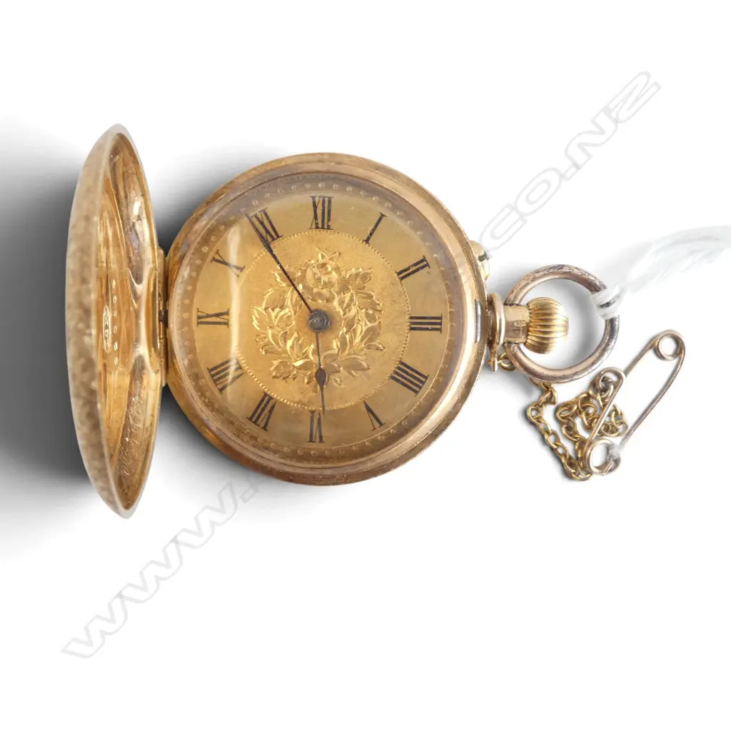 18ct YELLOW GOLD engraved mid size HUNTER POCKET WATCH plated dust cover 38gms Image 1++