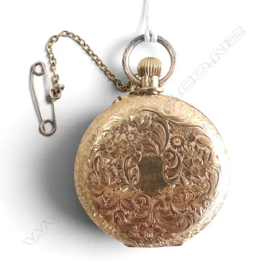 18ct YELLOW GOLD engraved mid size HUNTER POCKET WATCH plated dust cover 38gms