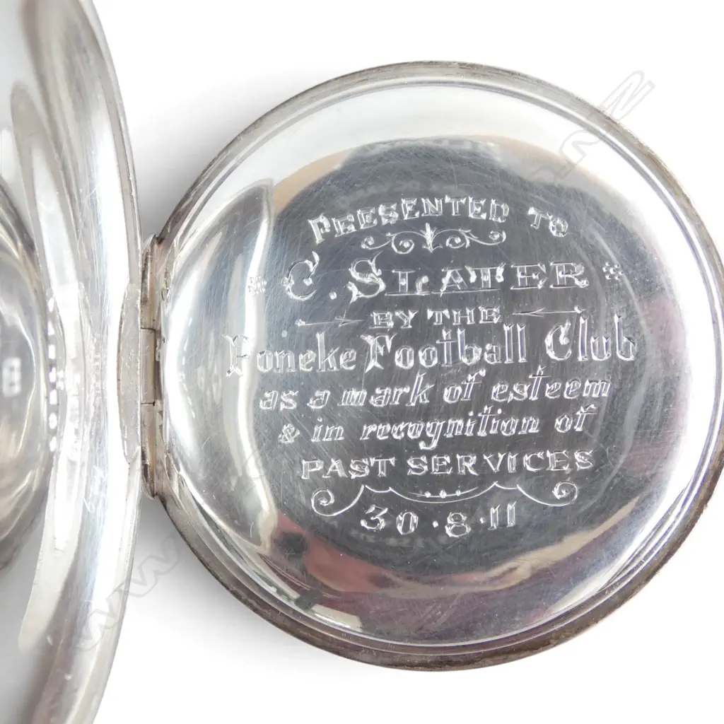 SILVER OMEGA CASED OPENFACE POCKET WATCH running. Presentation engraved to C. Slater Poneke Football club 30.8.11 Image 1++
