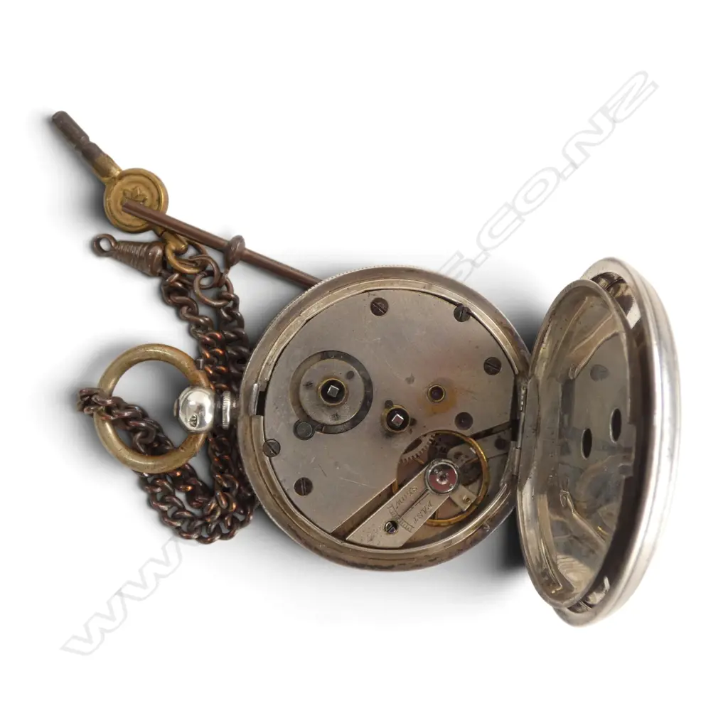 1885 SILVER OPEN FACEPOCKET WATCH not running. With short gilt chain & key Image 1++