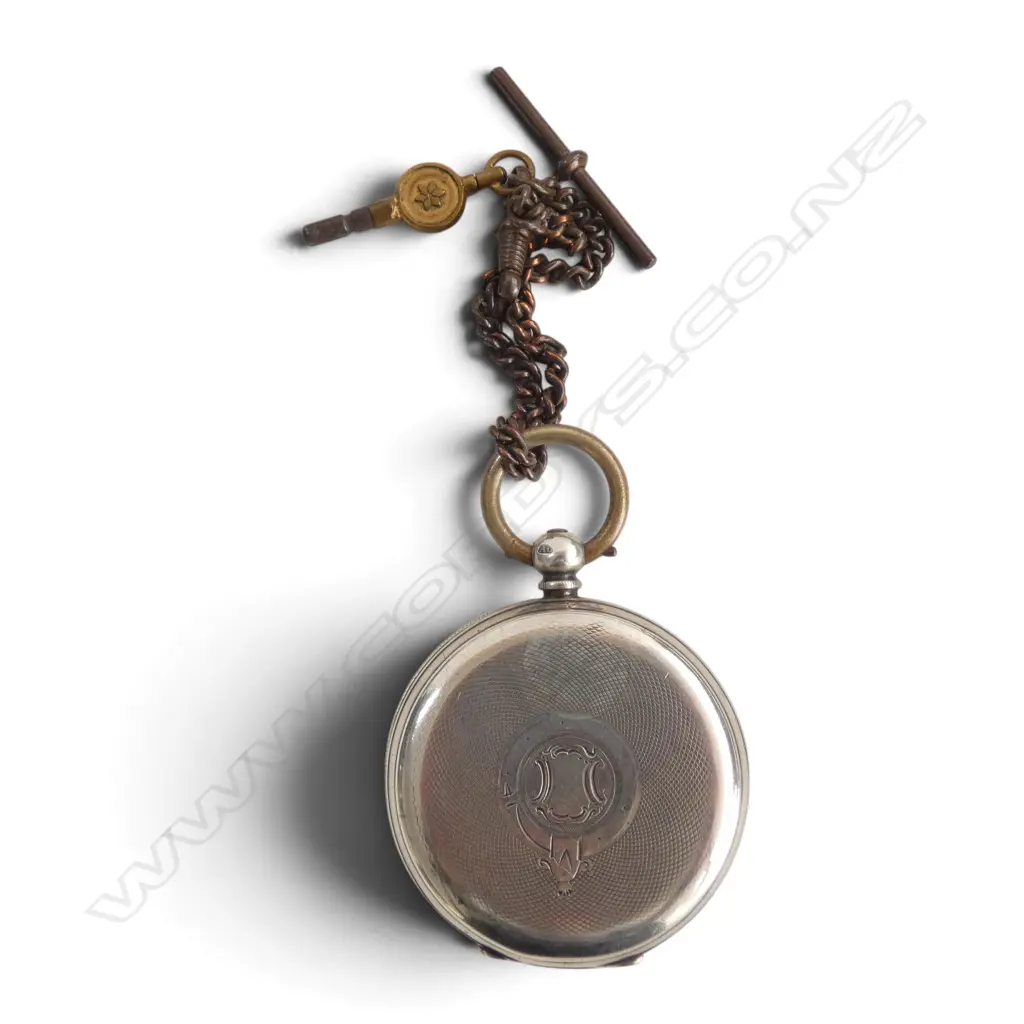 1885 SILVER OPEN FACEPOCKET WATCH not running. With short gilt chain & key Image 1++