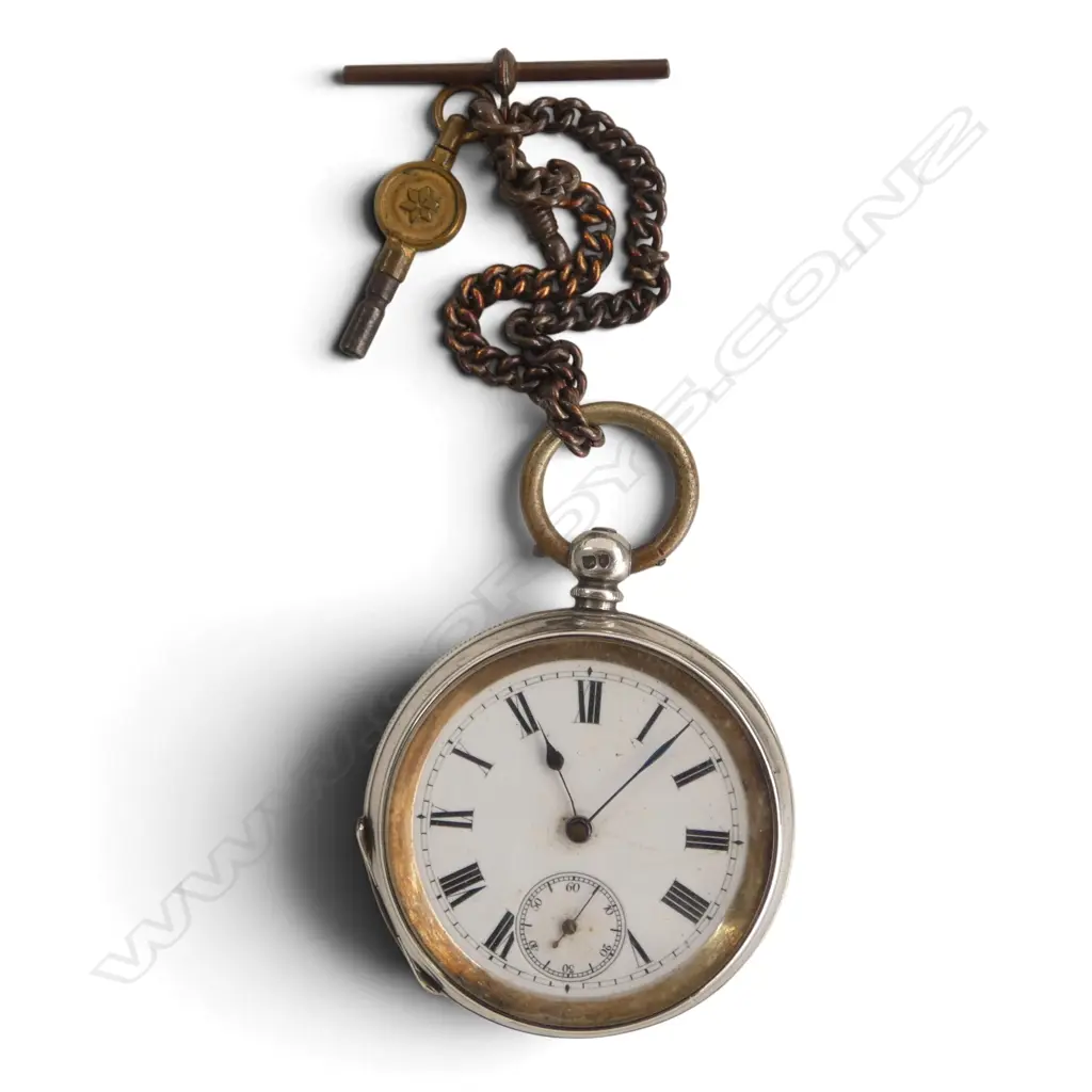 1885 SILVER OPEN FACEPOCKET WATCH not running. With short gilt chain & key Image 1++