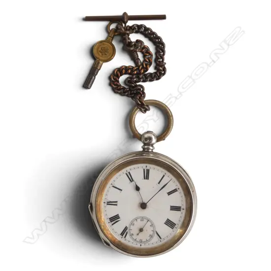 1885 SILVER OPEN FACEPOCKET WATCH not running. With short gilt chain & key