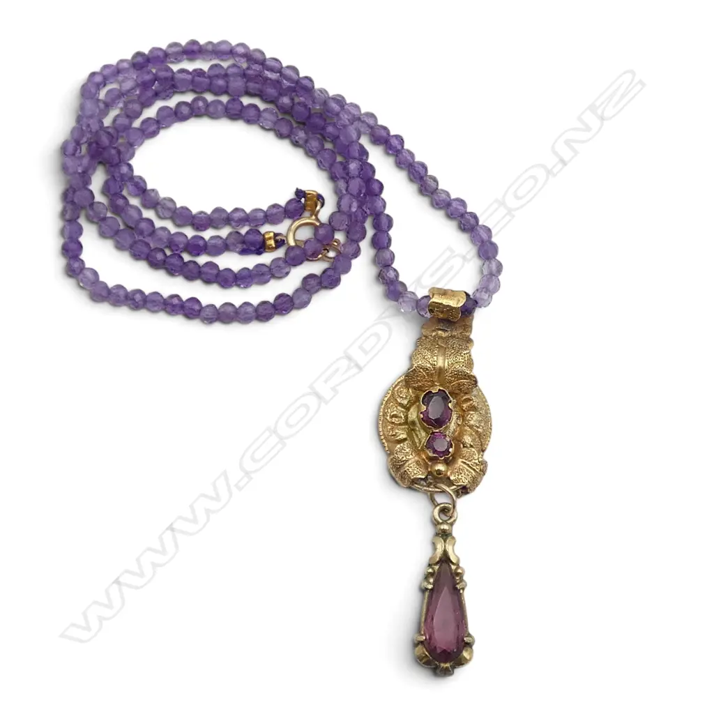 AMETHYST BEAD NECKLACE testing 15 - 18ct GOLD GEORGIAN PENDANT substantial repair to back in non gold material Image 1++
