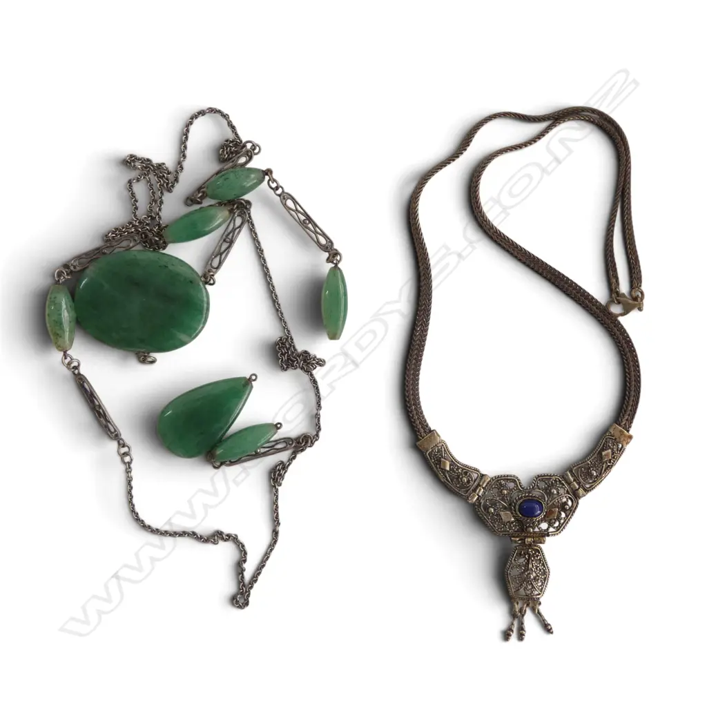 SILVER FLAPPER GREENSTONE NECKLACE (faults), FILIGREE BLUE STONE NECKLACE, testing 91.63% and 89.32% Image 1++