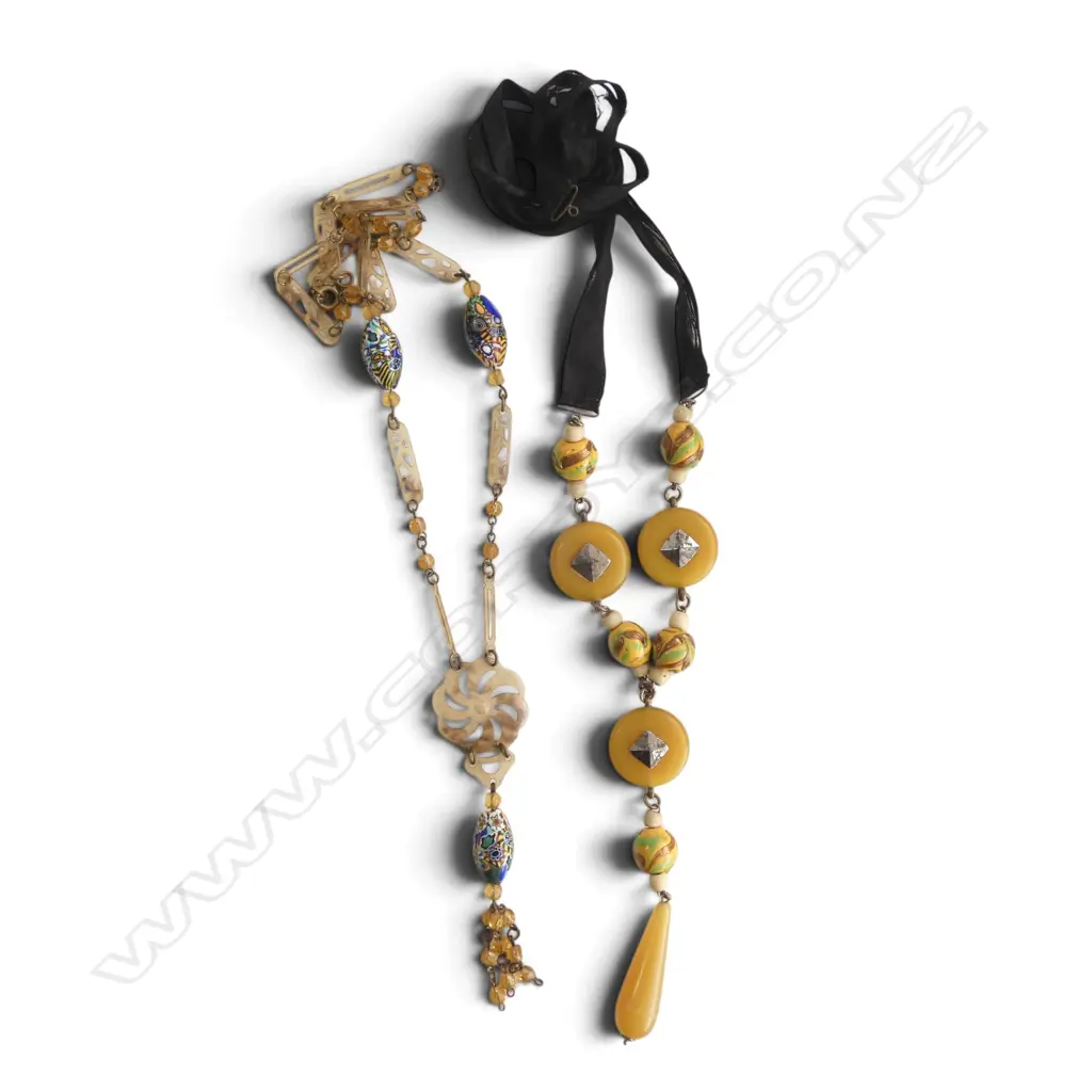2 VINTAGE FLAPPERS NECKLACES: glass + plastic + faux tortoiseshell beads etc Image 1++
