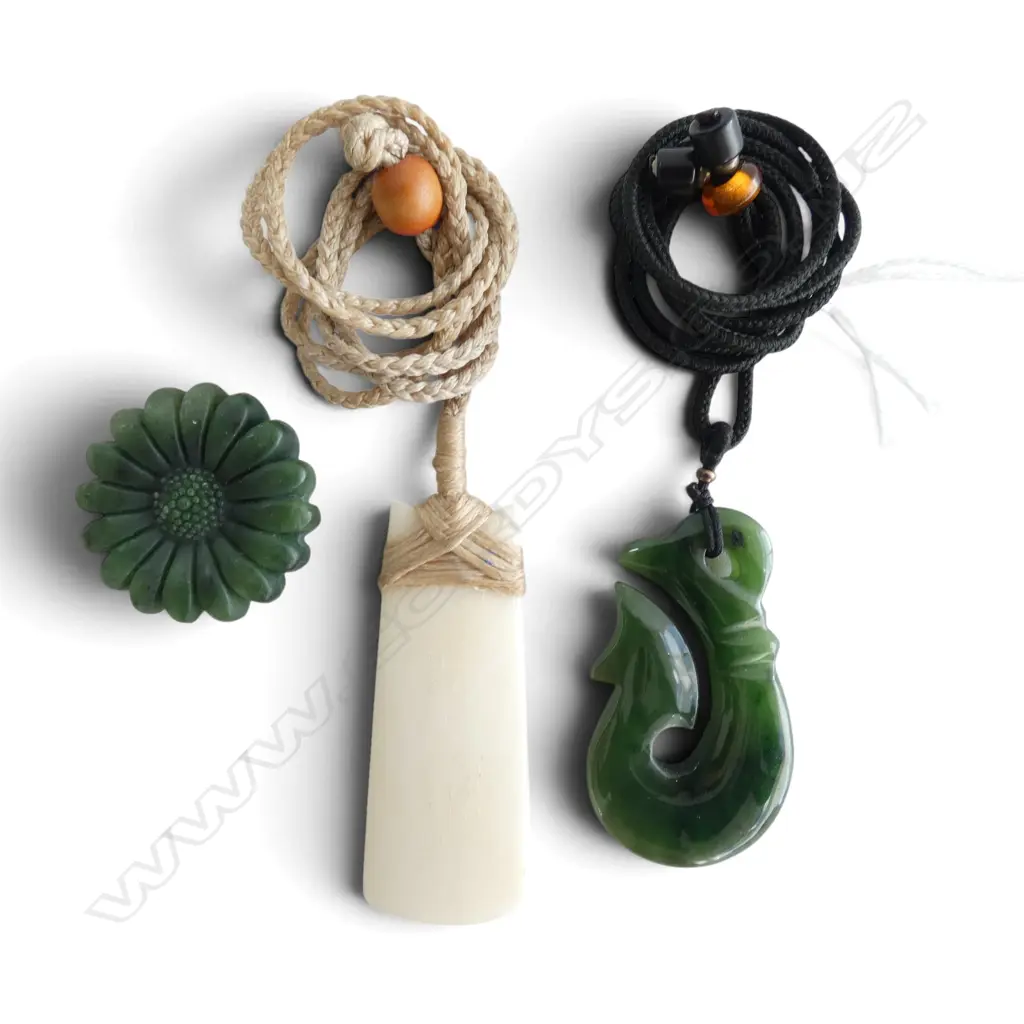 2 PENDANT NECKLACES; BONE & GREENSTONE + GREENSTONE FLOWER 35mm dia Image 1++