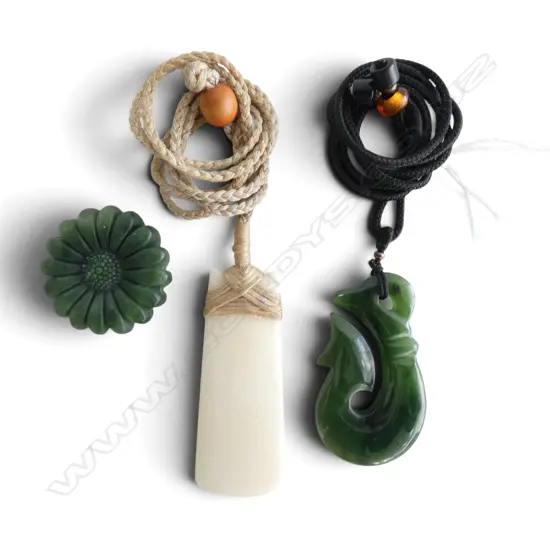 2 PENDANT NECKLACES; BONE & GREENSTONE + GREENSTONE FLOWER 35mm dia