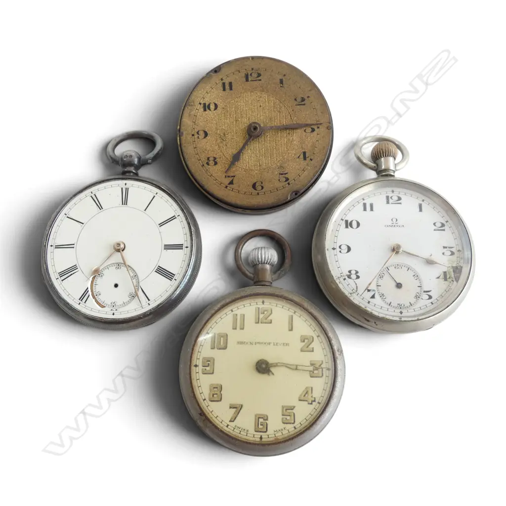 3 POCKET WATCHES; ONE STG SILVER, OMEGA, & OTHER, + CLOCK MOVEMENT ALL A/F  Image 1++