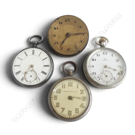 3 POCKET WATCHES; ONE STG SILVER, OMEGA, & OTHER, + CLOCK MOVEMENT ALL A/F 