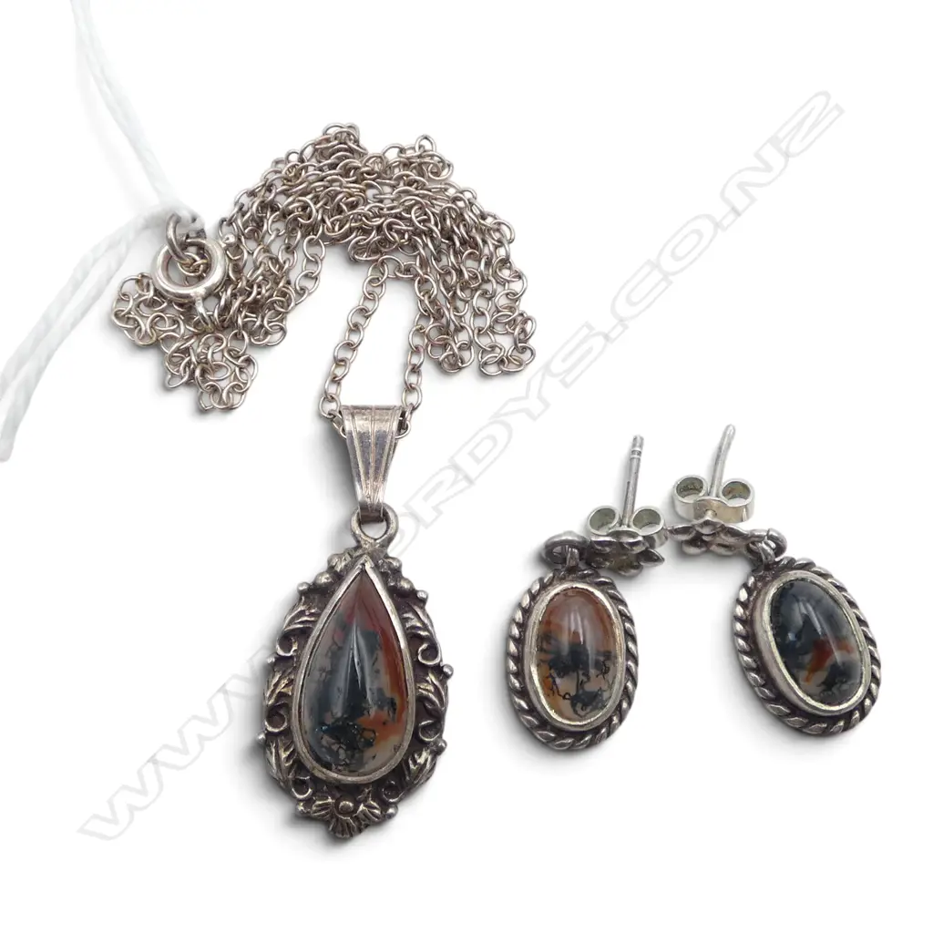STG SILVER MOSS AGATE NECKLACE & EARRINGS Image 1++