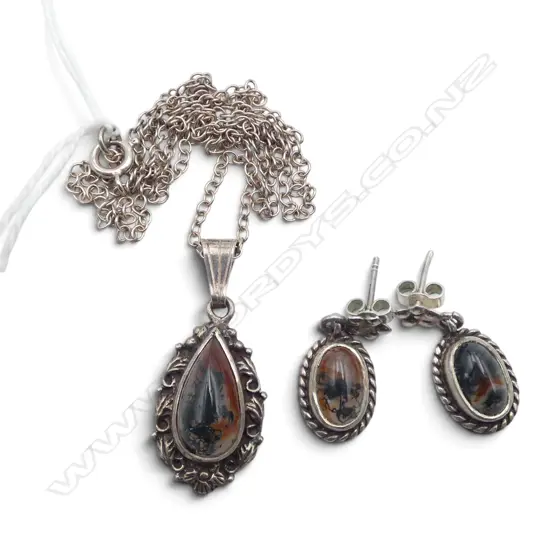 STG SILVER MOSS AGATE NECKLACE & EARRINGS