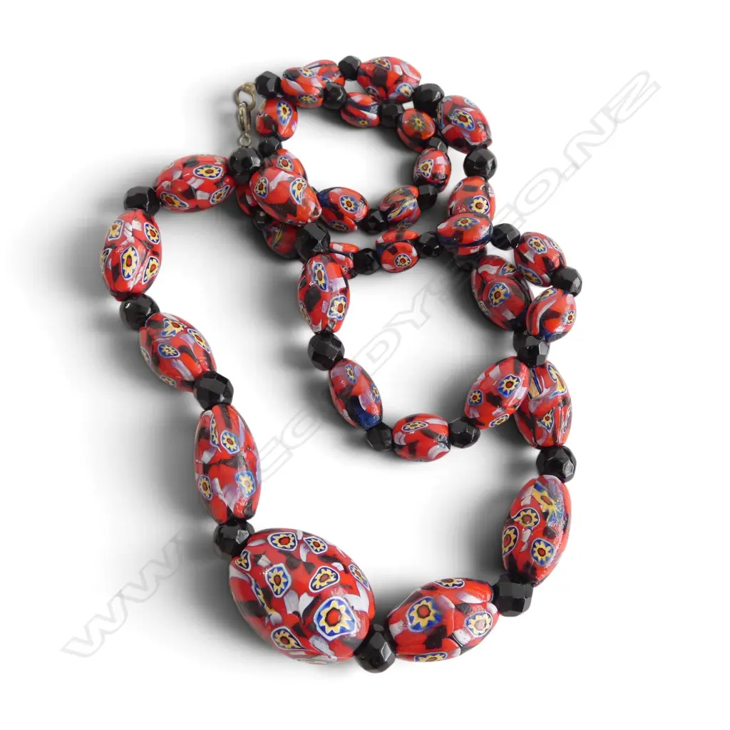 MILLEFIORI VINTAGE GLASS LONG TAPERED BEAD NECKLACE red & black w coloured highlights. L.680mm Image 1++