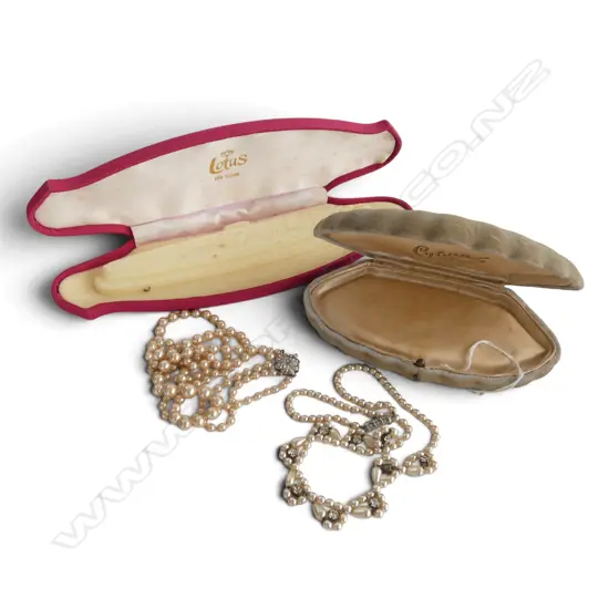 2 BOXED FAUX PEARL NECKLACES (one strand needs rejoining)