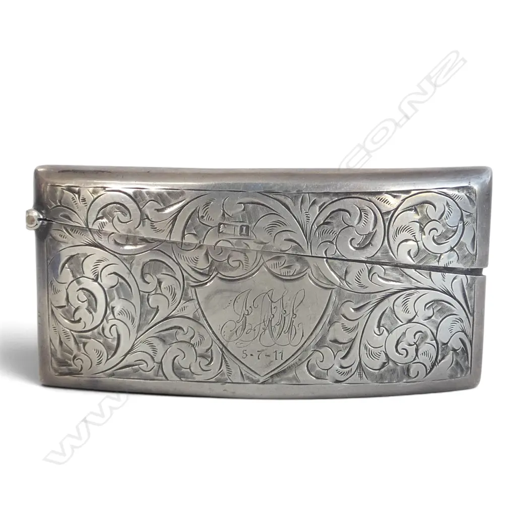 Birmingham 1910 ENGRAVED SILVER CARD CASE curved shape for the hip. 36.8gms Image 1++
