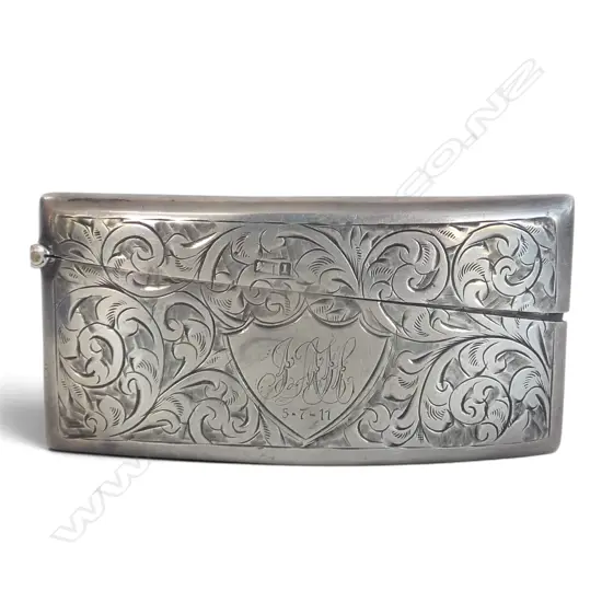 Birmingham 1910 ENGRAVED SILVER CARD CASE curved shape for the hip. 36.8gms