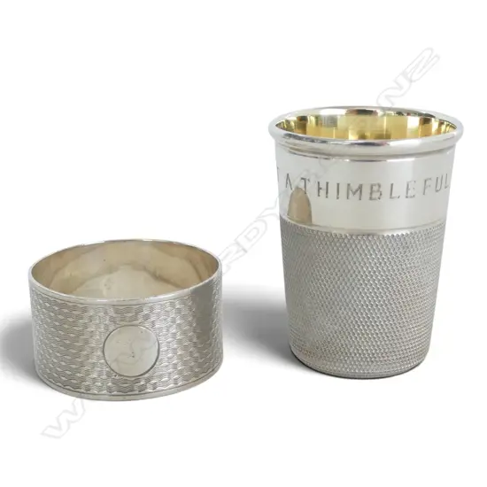 STG SILVER NAPKIN RING & GILT LINED NOVELTY THIMBLE CUP, CHESTER 1951 H.55mm 66gms