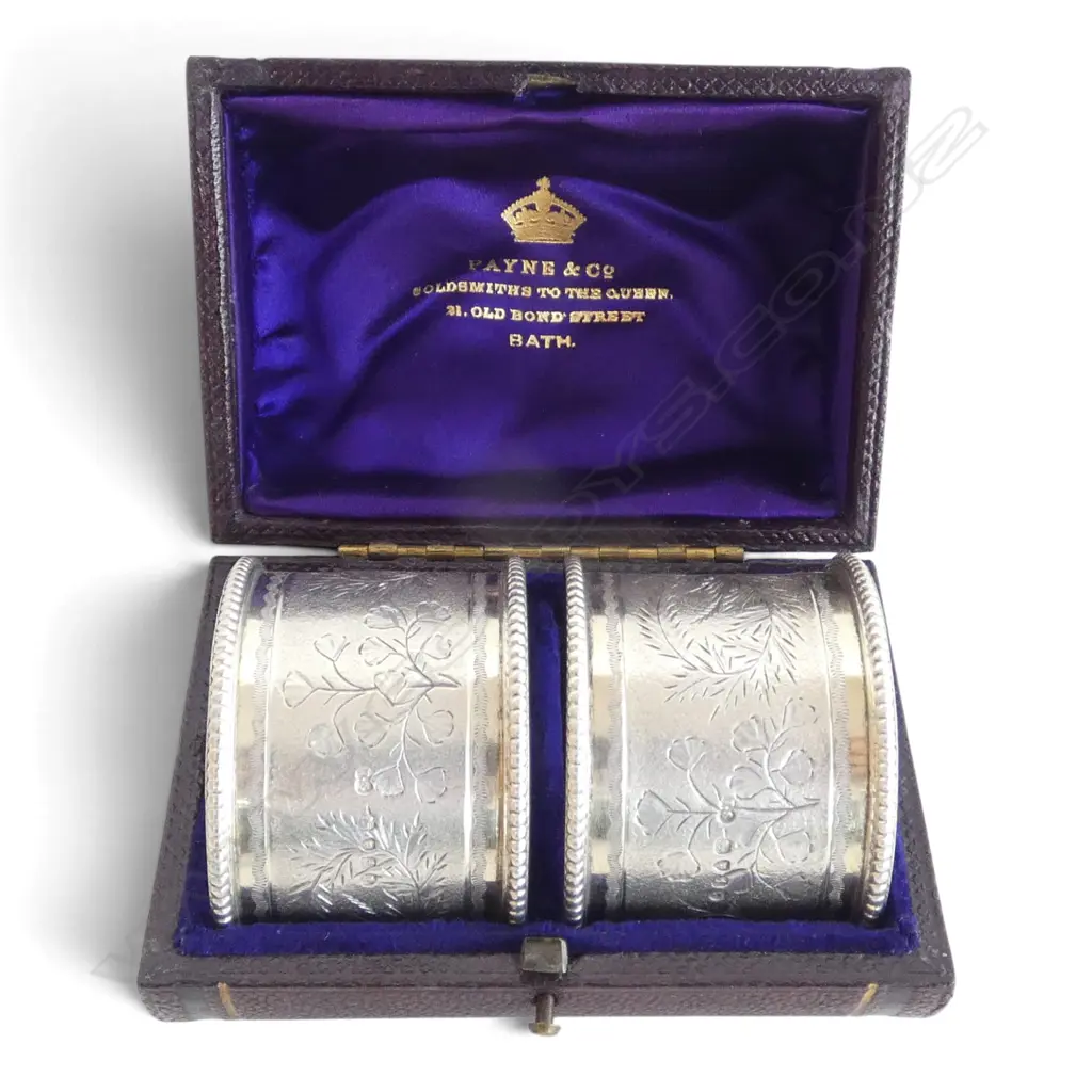 PR leather BOXED FERN ENGRAVED SILVER NAPKIN RINGS London 1874. 52.6gms Image 1++