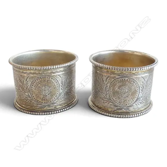 PR leather BOXED FERN ENGRAVED SILVER NAPKIN RINGS London 1874. 52.6gms