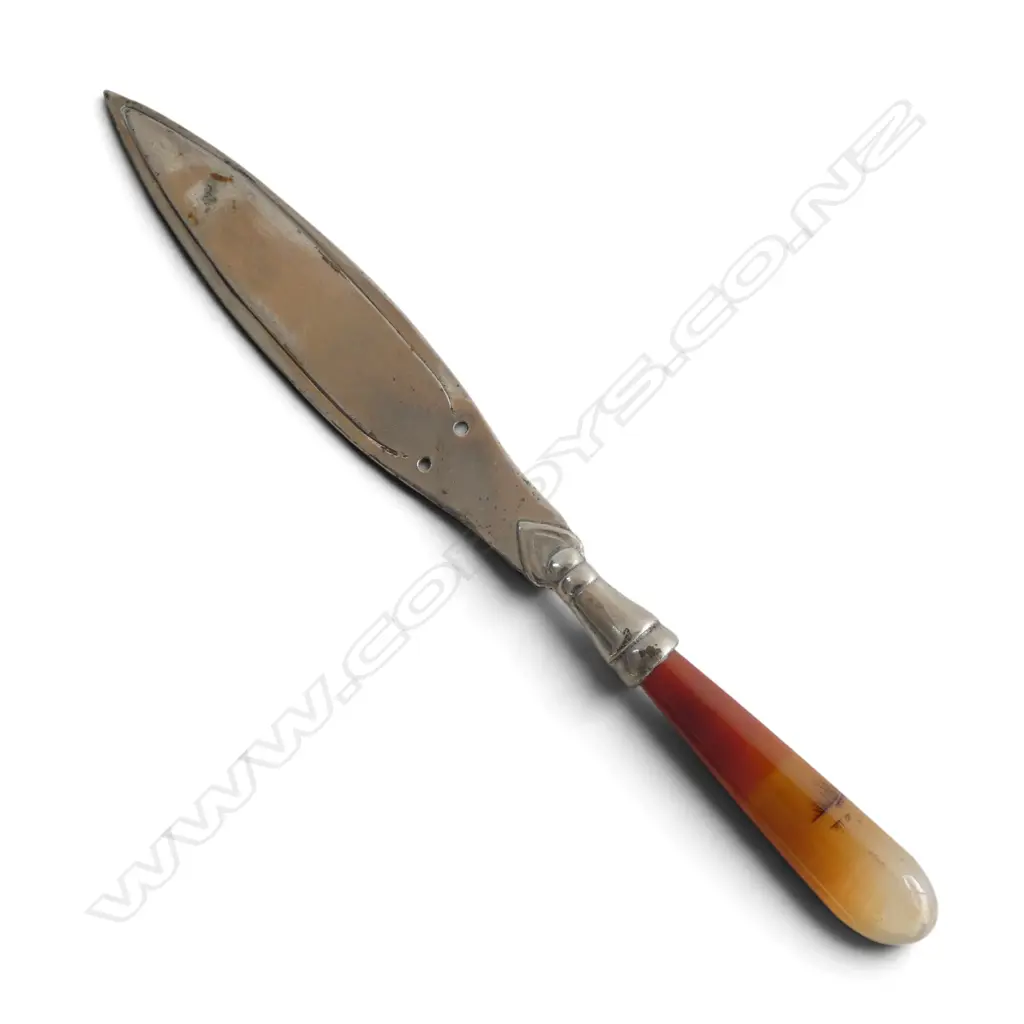 ANTIQUE AGATE HANDLE SILVER PLATED BOOKMARK, L.120mm Image 1++