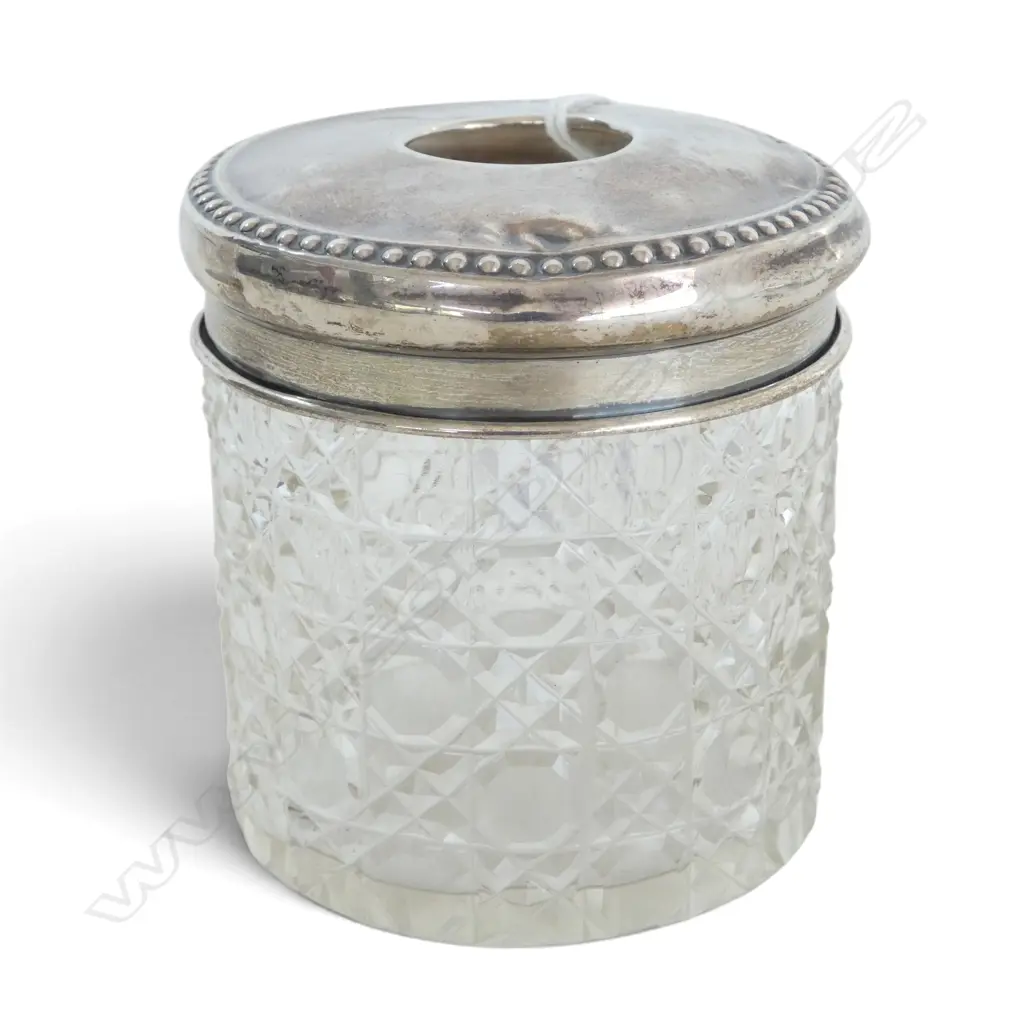 EARLY 20thC SILVER TOPPED CUT CRYSTAL HAIR TIDY JAR. Lid 16gms Image 1++