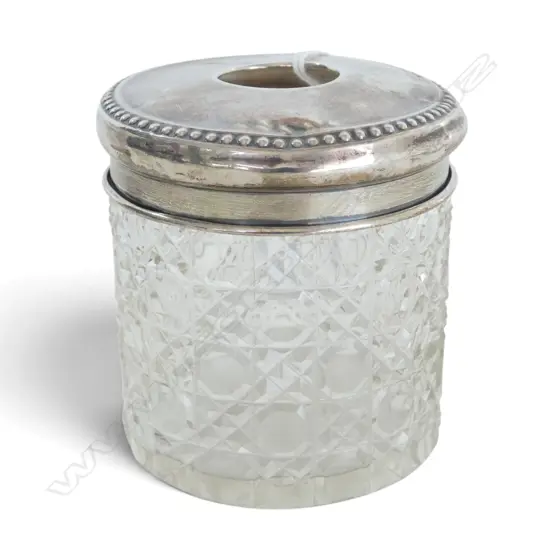 EARLY 20thC SILVER TOPPED CUT CRYSTAL HAIR TIDY JAR. Lid 16gms