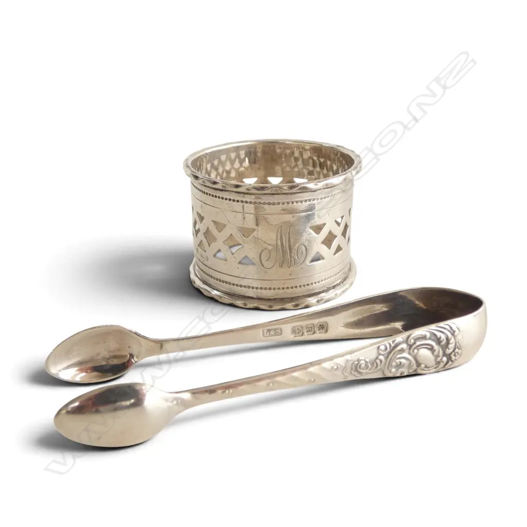 S/SILVER NAPKIN RING & PR S/SILVER TONGS TOTAL WEIGHT 37.4GMS Image 1++
