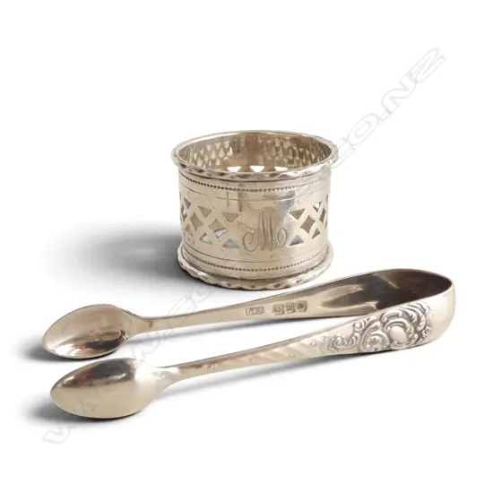 S/SILVER NAPKIN RING & PR S/SILVER TONGS TOTAL WEIGHT 37.4GMS