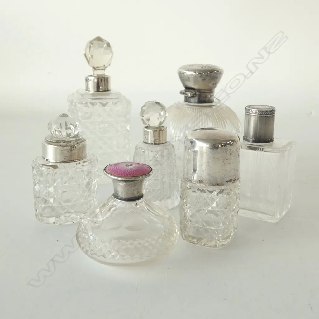7 VINTAGE GLASS BOTTLES w. stg silver caps & fittings H.140mm Image 1++