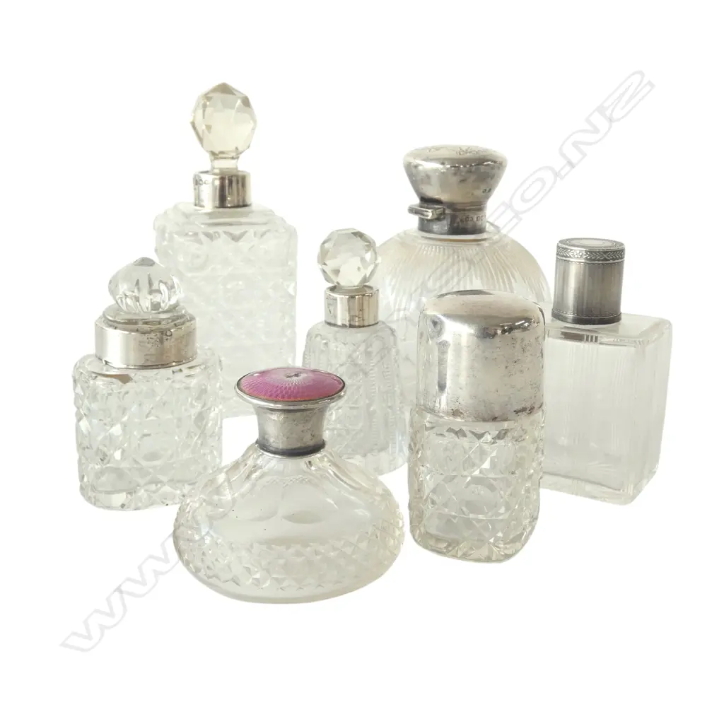 7 VINTAGE GLASS BOTTLES w. stg silver caps & fittings H.140mm Image 1++