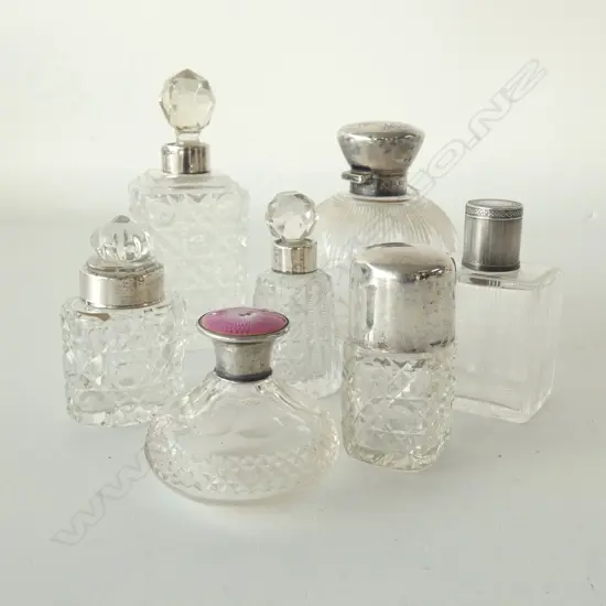 7 VINTAGE GLASS BOTTLES w. stg silver caps & fittings H.140mm
