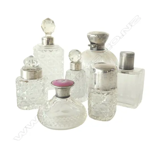 7 VINTAGE GLASS BOTTLES w. stg silver caps & fittings H.140mm
