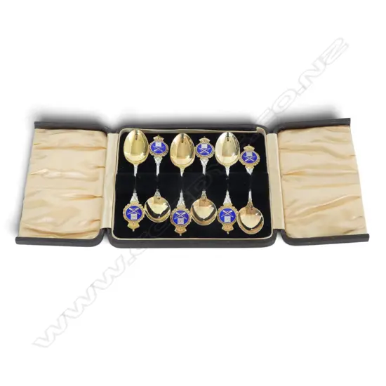 CASED SET OF 6 GILDED STG SILVER & ENAMEL SOUVENIR TEASPOONS 111gms 