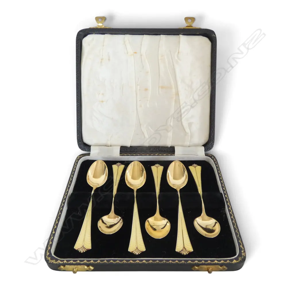 CASED SET OF 6 'DA' NORWEGIAN STG SILVER & ENAMEL TEA SPOONS 52gms Image 1++