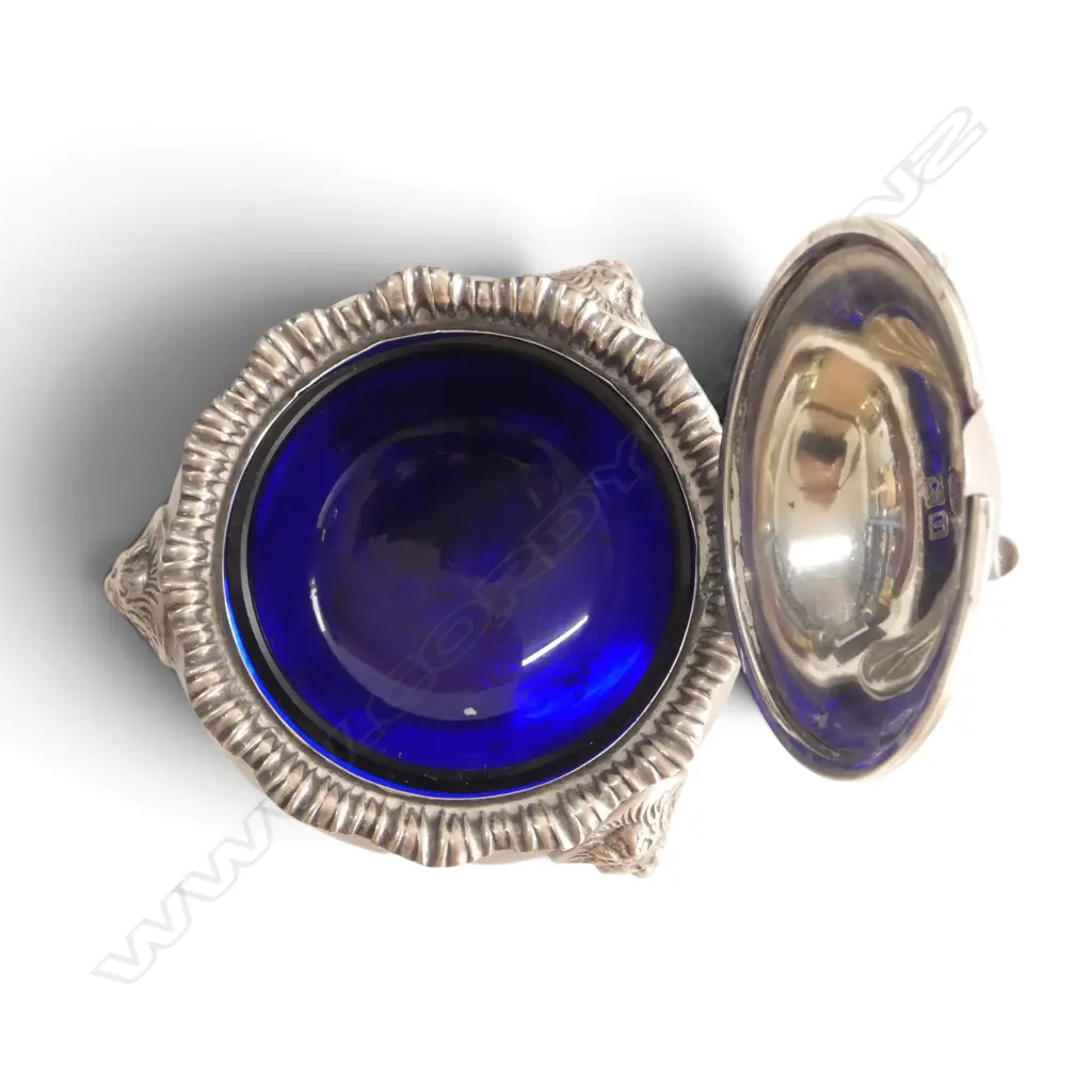 S/SILVER MUSTARD POT BLUE GLASS LINER SILVER WEIGHT172GMS Image 1++