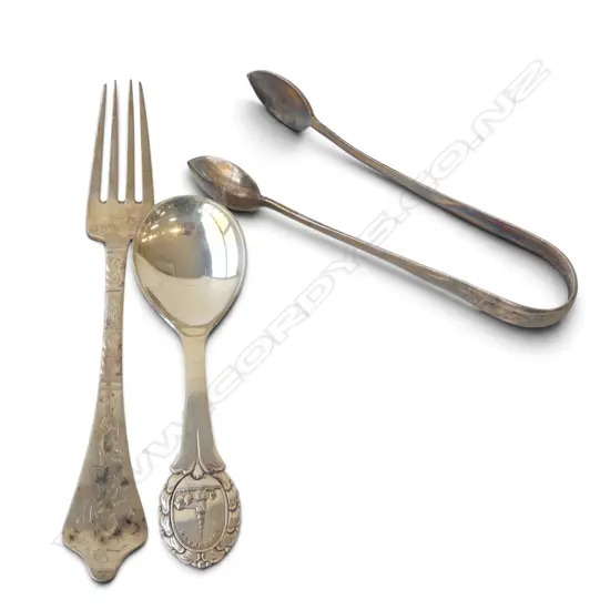 3 PCES SILVER CUTLERY; SPOON 50% 26gms, 925 FORK 37gms, 950 TONGS 28gms