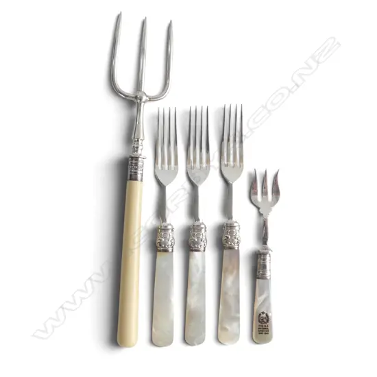 5 ANTIQUE SILVER PLATED FORKS; 4 MOP & 1 IVORINE, L.120-230mm 