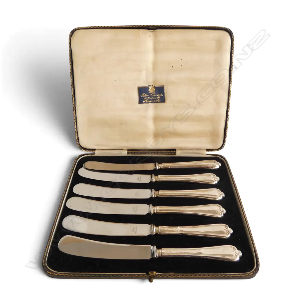 CASED SET OF 6 BUTTER KNIVES stg silver handle L.70mm Image 1++