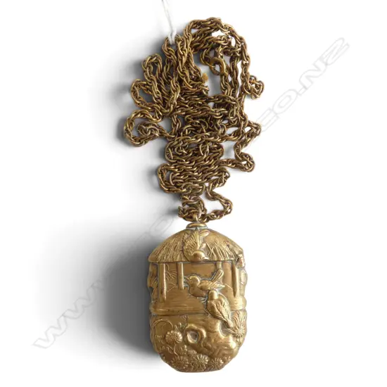 VINTAGE BRASS ANGLO-JAPANESE VESTA ON LONG CHAIN