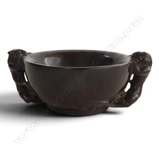 CARVED BOWL w. LION HANDLES 105mm dia
