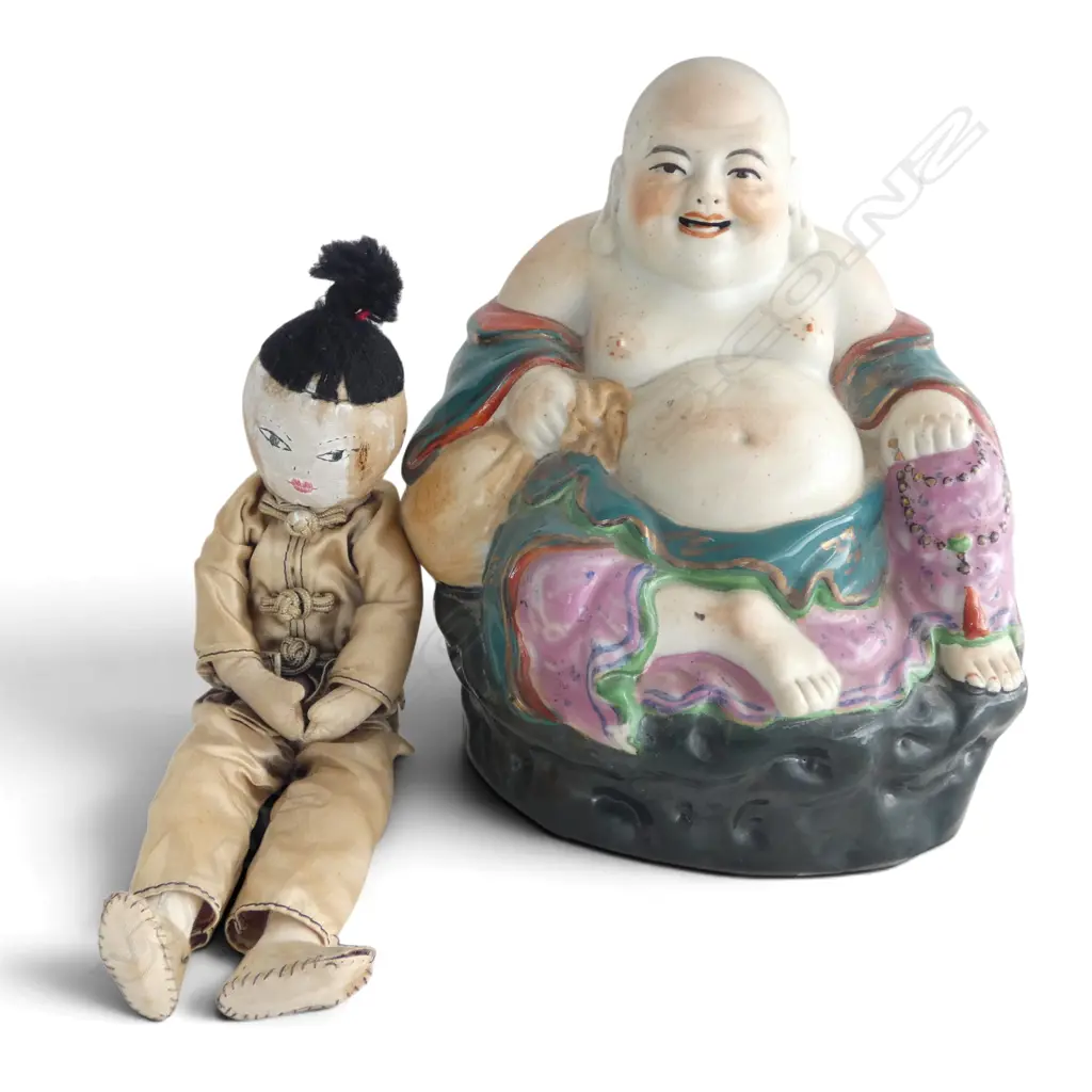 ORIENTAL FAMILLE ROSE LAUGHING BUDDHA, H.180mm, stamp to base & VINTAGE ORIENTAL DOLL in the style of ADA LUM, H.240mm Image 1++