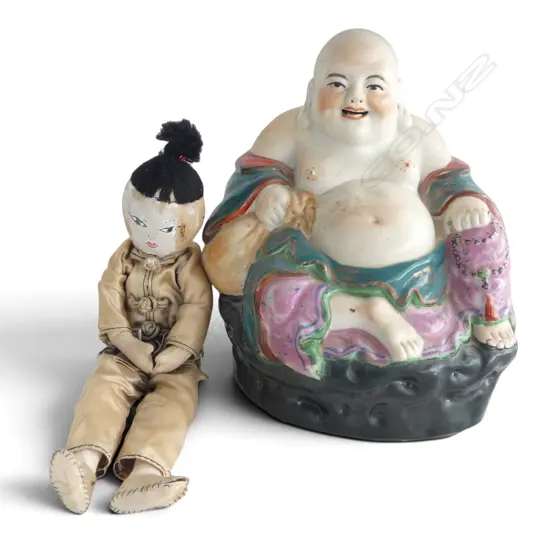 ORIENTAL FAMILLE ROSE LAUGHING BUDDHA, H.180mm, stamp to base & VINTAGE ORIENTAL DOLL in the style of ADA LUM, H.240mm