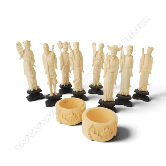10 PCES IVORY; 8 ORIENTAL FIGURES H.120mm + 2 NAPKIN RINGS