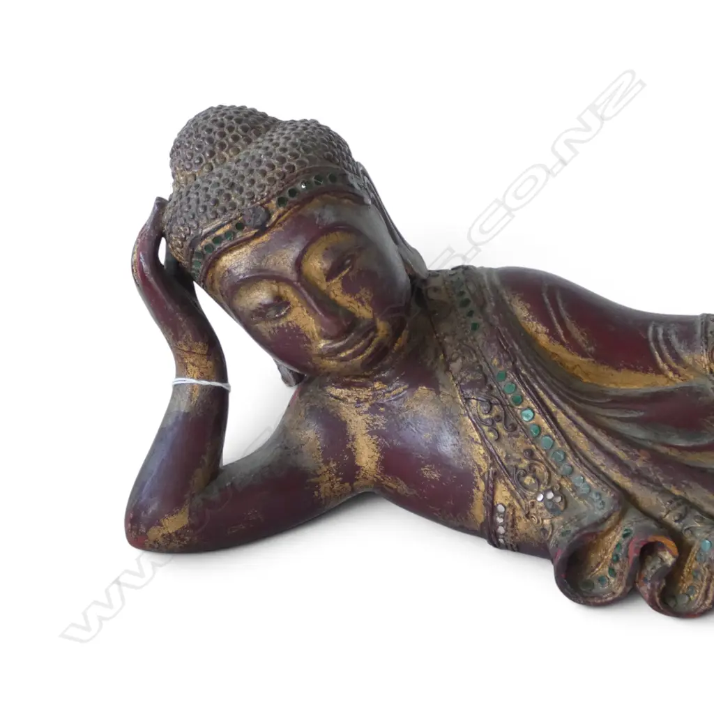 GILDED RECLINED BUDDHA w. inset stones W.520mm Image 1++