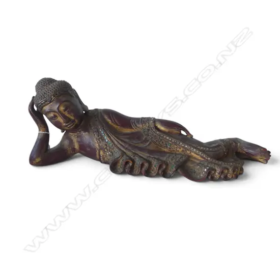 GILDED RECLINED BUDDHA w. inset stones W.520mm
