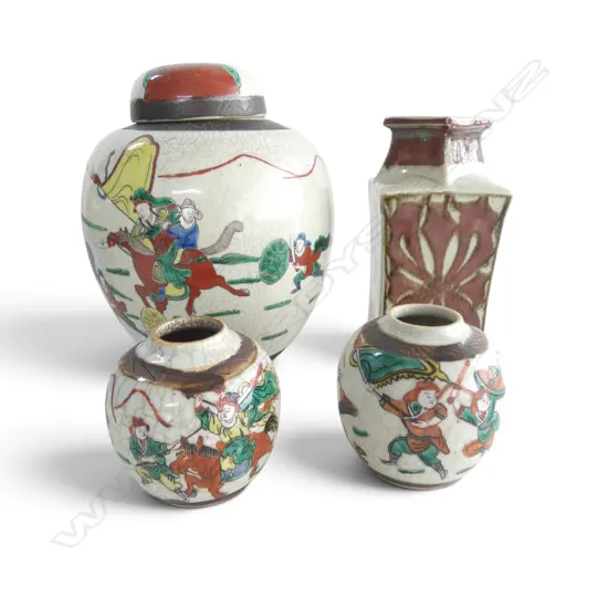 4 POTTERY VASES; 3 ORIENTAL GINGER JARS (LIDDED H.250mm + PR) + OTHER