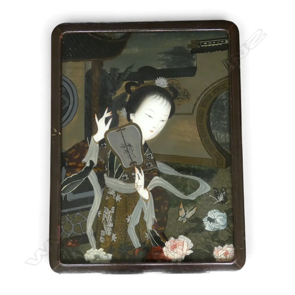 VINTAGE JAPANESE REVERSE GLASS PAINTING of LADY, H.600x480mm  Image 1++