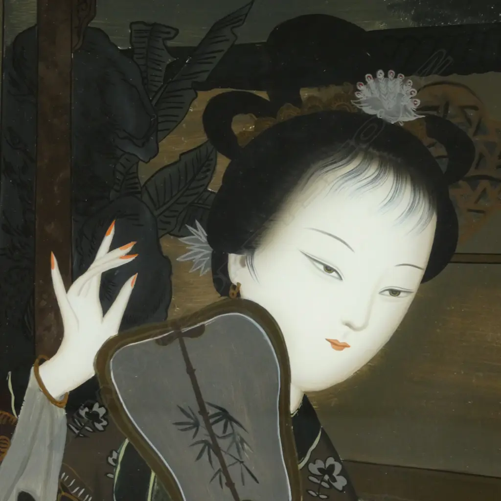 VINTAGE JAPANESE REVERSE GLASS PAINTING of LADY, H.600x480mm  Image 1++